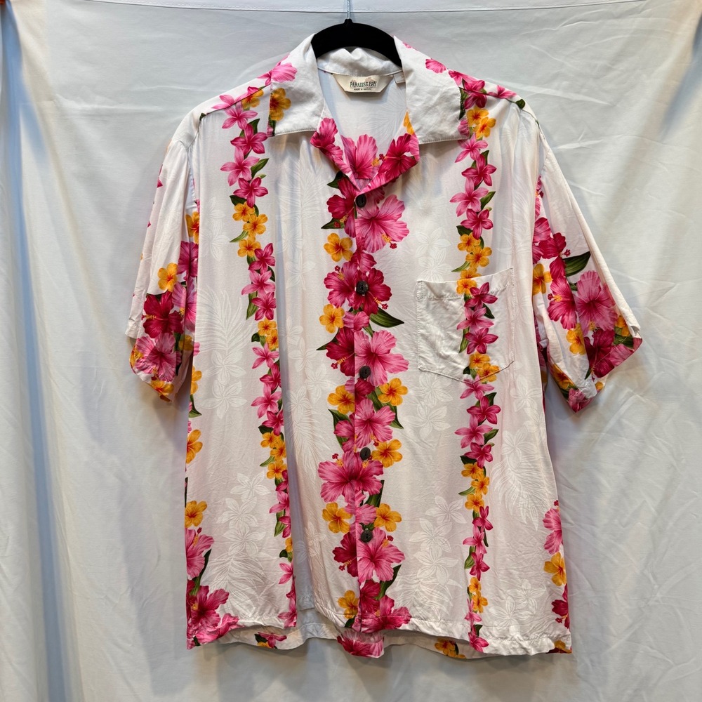 Paradise Bay Mens Hawaiian Shirt Pink Hibiscus Floral Stripe Made in Hawaii‎